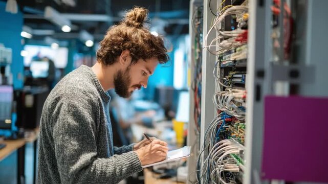 Network Engineer at Work: A focused network engineer meticulously examines a complex server room, documenting critical data, demonstrating precision and expertise in the digital realm.