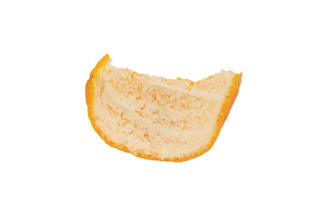 Close-up of a juicy orange slice with peel and pith.