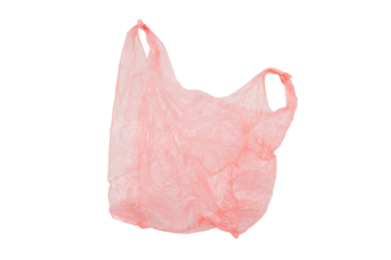 Isolated translucent pink plastic bag on white background.
