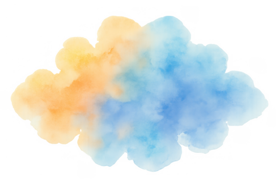 Abstract watercolor cloud shape splash artwork featuring blue and orange vibrant colors on transparent background