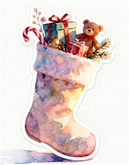 Merry Christmas holiday decoration with Santa socks, watercolor painted with festive gifts and winter ornaments. Vector illustration.