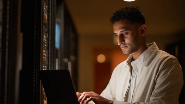 Focused Technician: A dedicated technician immersed in his work, focused on his laptop, surrounded by the hum of technology in a data center. 