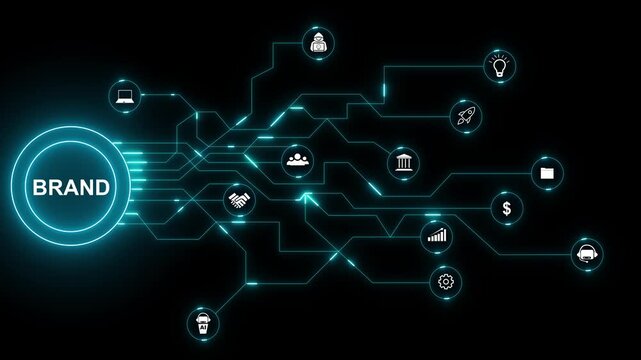 Brand Network With Teal Circuit Lines And Digital Icons branding technology. Skills And Network Technology Driving Digital Innovation, Security, And Global Growth. 4k motion video..