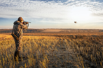 Hunter in camouflage aiming with rifle on pheasant. Bird hunting. Autumn hunting season.