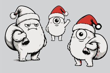 Cute Christmas Monster Characters in Santa Costumes – Hand-Drawn Vector Set