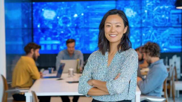 Smart Business Leader: Confident woman, arms crossed, exudes leadership in a modern office, overseeing a team engaged in collaborative work. 