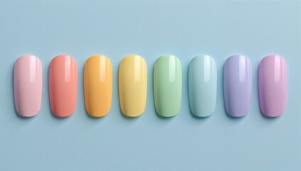 Pastel color palette of artificial nails on light blue background