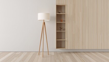 Modern minimalist living room, wooden tripod floor lamp, shelves