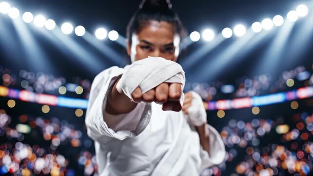 Focused woman in a traditional karate gi and black belt prepares to strike in a stadium setting, concept for martial arts training, self-defense classes and fitness motivation