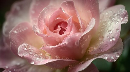 Soft Pink Rose with Dew Drops, Close-Up Detailed View Capturing Natural Beauty and Elegance in Garden Setting, Perfect for Floral Design and Nature Art