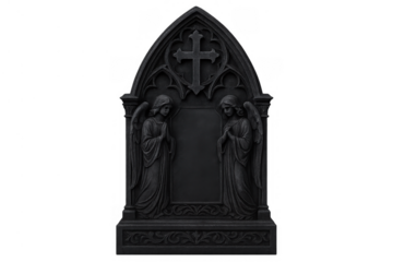 Gothic style tombstone featuring praying angels, a central cross, and intricate stone carvings on a transparent background
