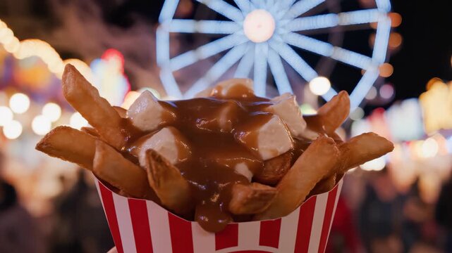 Close-up of poutine in a red and white striped container against a blurry Ferris wheel backdrop, concept for food festivals, Canadian cuisine promotion and quick-service restaurant menus