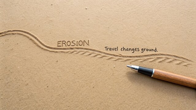 Erosion Illustration with Travel Quote on Brown Background Using Pen to Convey Change in Landscape Through Movement