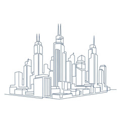 Obraz premium Continuous Line Drawing of a Modern Cityscape with Tall Buildings Representing Urban Architecture and City Life