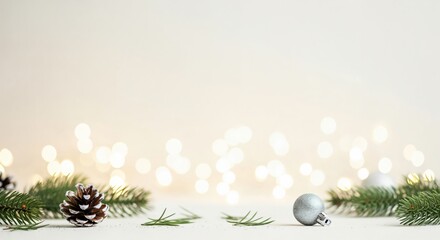 Elegant Christmas holiday background with natural pine branches, a snow-dusted pinecone, and shiny silver baubles, illuminated by warm bokeh lights.