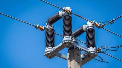 Power Lines with Insulators and Conductors Against a Bright Blue Sky, Energy Infrastructure Conceptual Image for Industry and Technology Use