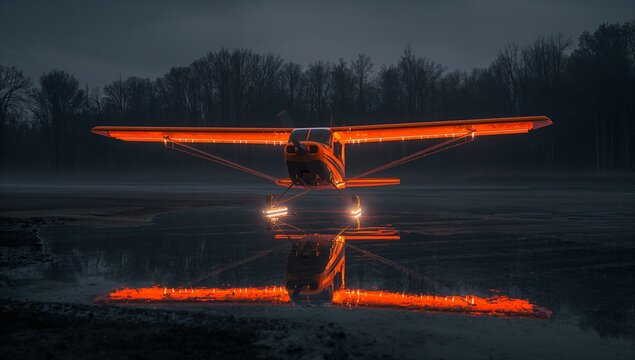 Luminous orange floatplane reflecting on calm water at night
