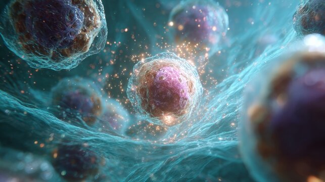 A Detailed Exploration of Cellular Structures and Dynamics in a Microscopic Environment Highlighting Biological Interactions