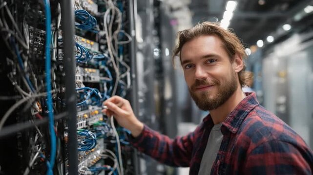 Networking Engineer at Data Center: A dedicated technician meticulously attends to complex network infrastructure within a modern data center, focused on maintaining connectivity.
