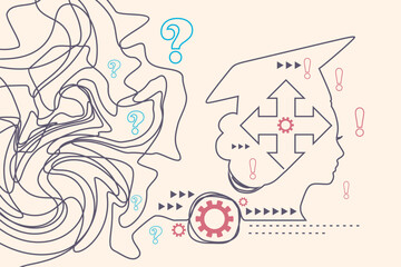 Way choosing metaphor. Personal growth and development. Multi arrow inside a head of student. Coaching, training and brainstorm. Metaphor of problem solving, chaos and mess, difficult situation.