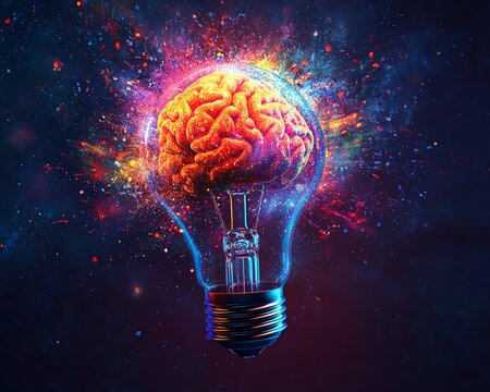 Lightbulb exploding in neon colors, with a visible human brain inside, highquality wallpaper background, dynamic and creative digital art style