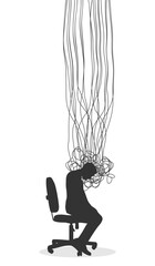 Stressed over thinking man with his head fuming. Psychotherapy, stress and psychosis. Brain damage, cognitive disfunction. A tangled nerves, symbolizing a depressed state of a person.