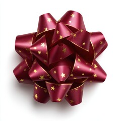 Red holiday gift bow with golden stars on white background.