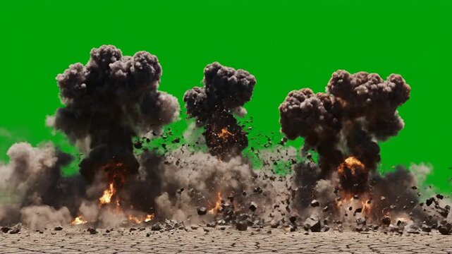 Exploding Fireballs: Powerful Ground Explosions with Debris on Green Screen