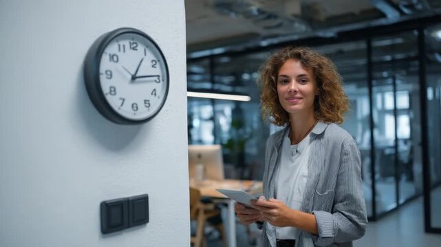Clock's Time: A professional woman, smiles serenely, posing near the clock, symbolizing the value of time. The scene hints at productivity and the essence of the working day.