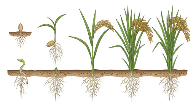 Rice plant life cycle stages showing roots and growth from seed to harvest