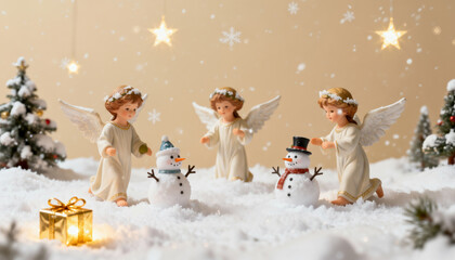 Tiny angels and snowmen atop decorated Christmas trees in a festive winter scene.