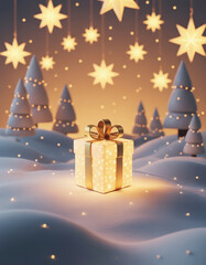 A festive winter night scene of a decorated Christmas tree with gifts near a village house under a starry sky