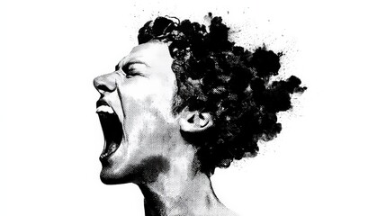 A monochromatic illustration of a person screaming, with a cloud of abstract shapes emanating from their head, symbolizing intense emotion or mental turmoil.