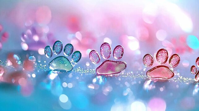Three translucent paw prints made of liquid or gel, filled with glitter, are arranged in a row against a soft, blurred background of pink and blue bokeh lights.
