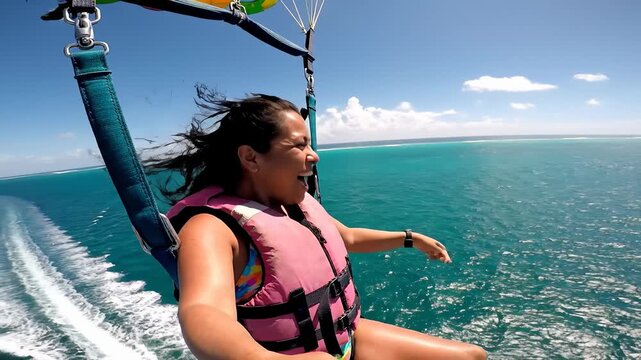Woman Parasailing Above Tropical Sea on Sunny Day, Pointing at the Horizon