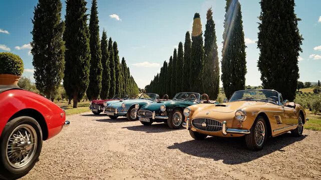 Vintage classic roadsters parked along beautiful cypress tree lined Italian driveway.