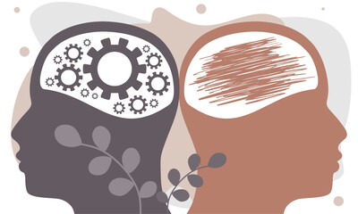 Metaphor of bipolar disorder. Split personality. Concept mood disorder. Two head silhouette. Psychology and mental health. Dual personality concept. Gears as brains. Mind conditions comparison.