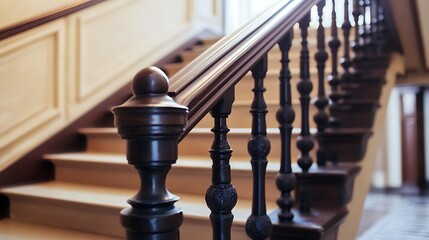 Ornate dark wood staircase with elegant balusters and handrail