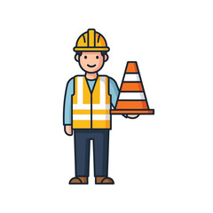Construction Worker Holding Traffic Cone Safety and Road Work Illustration