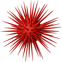 Red Spiky Spherical Microorganism with Numerous Tentacles on a Clean White Background Representing a Virus or Bacteria Cell in a Scientific Medical Context