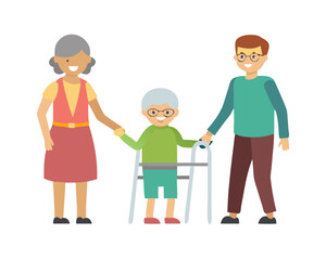 elderly woman with walker holding hands boy and girl
