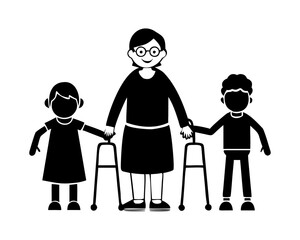 elderly woman with walker holding hands boy and girl
