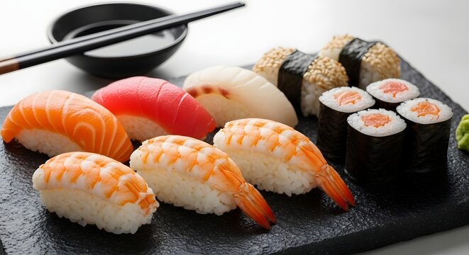 A premium close-up of assorted Japanese sushi: salmon nigiri, tuna sashimi, ebi, and maki rolls on a modern slate plate with chopsticks for a delicious and healthy meal