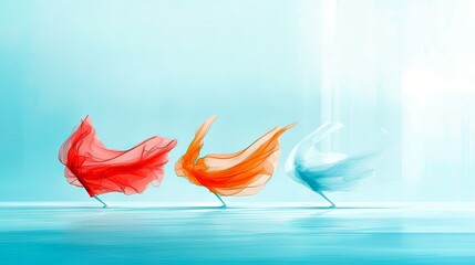 Three pieces of sheer fabric, one red, one orange, and one blue, are suspended in the air as if dancing or being blown by the wind.