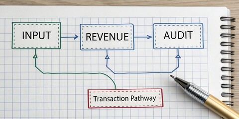 Flowchart Diagram Illustrating Input, Revenue and Audit Processes with Transaction Pathway on Graph Paper Background