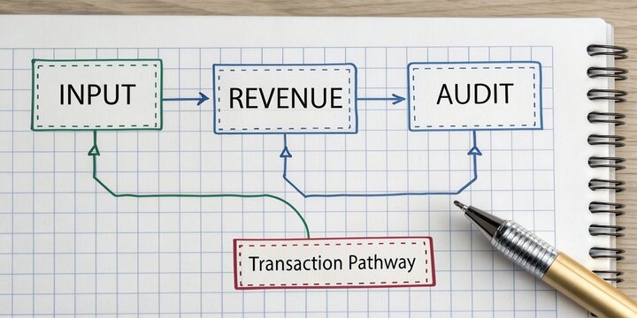 Flowchart Diagram Illustrating Input, Revenue and Audit Processes with Transaction Pathway on Graph Paper Background