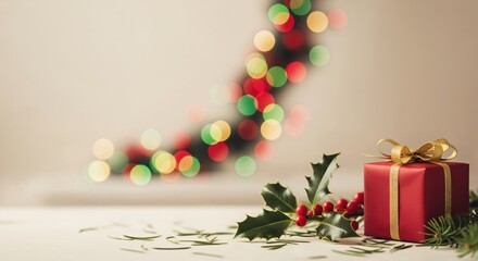 Elegant red Christmas present with golden ribbon, surrounded by traditional holly and evergreen branches, with bokeh lights creating a warm holiday atmosphere