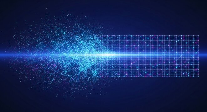 Futuristic visualization of digital transformation, where chaotic particles of big data are organized into a structured information grid
