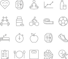 Healthcare and Wellness Line Icons Set. Health, Fitness, Sport, and Diet Editable Stroke Symbols.