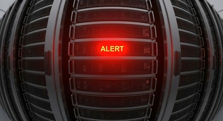 A glowing red alert light illuminates a futuristic server rack, signifying a critical system warning and potential data breach